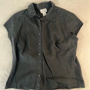 Ann Taylor LOFT 100% Linen Button Front Blouse Black Short Sleeve Petite 14P